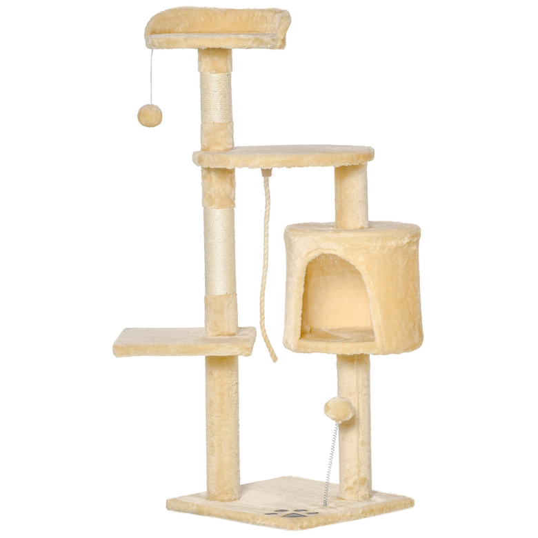 Pawhut árbol rascador con plataforma casetas y bolas de juego beige para gatos, , large image number null